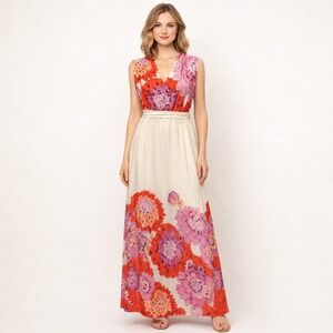 Magari Italy Floral Maxi Dress Red Fuchsia V-Neck Sleeveless Style Womens M NWOT